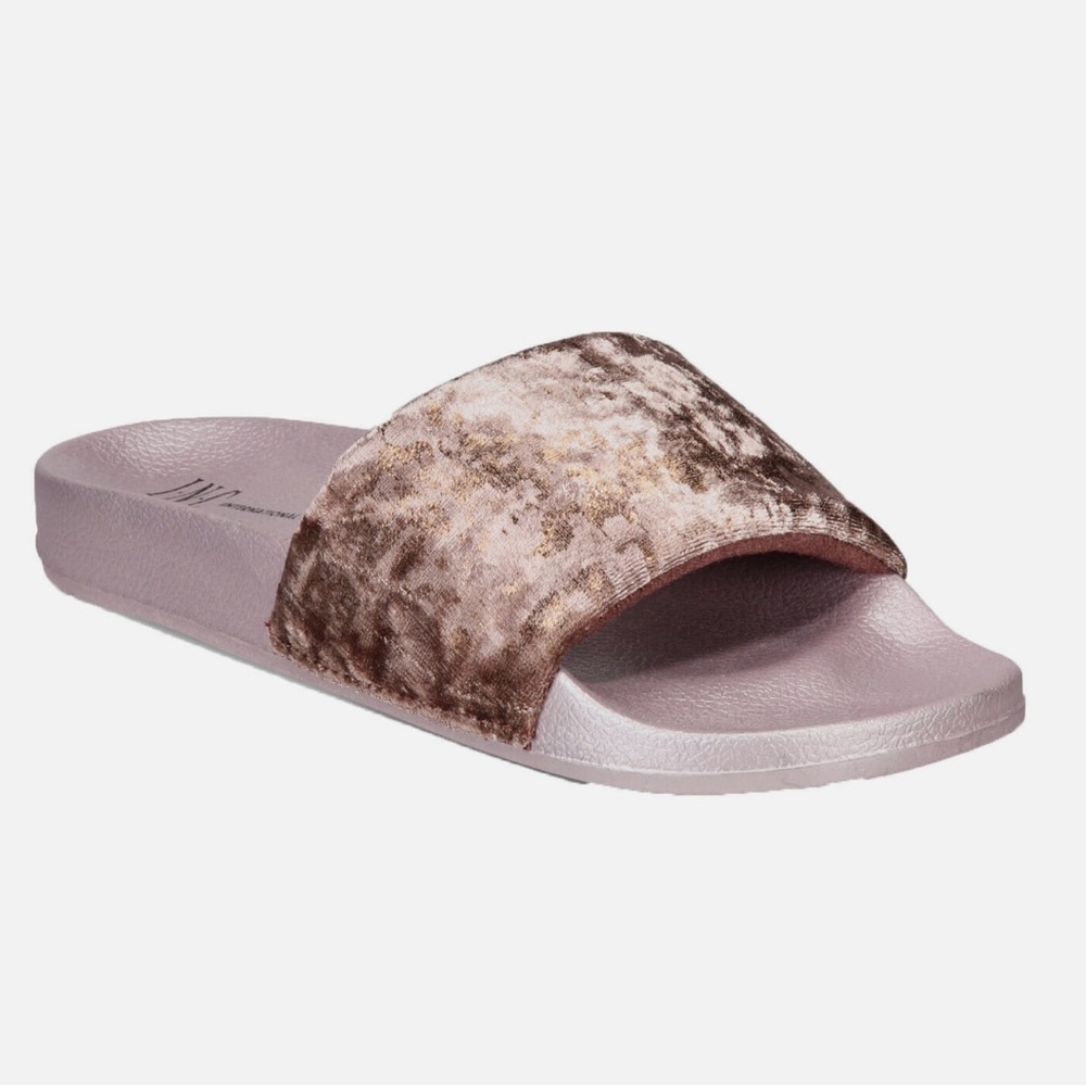INC International Concepts Metallic Crushed Velvet Slipper Slides